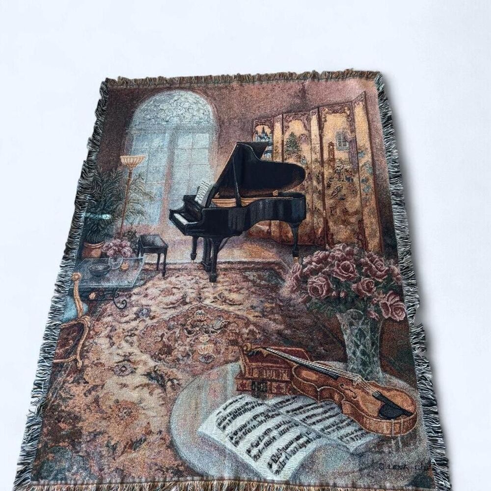 VTG Lena Liu Music Room Woven Tapestry Throw Blanket Violin Piano